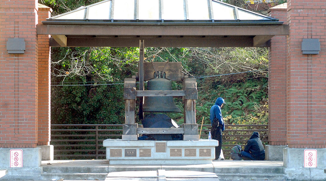 The Port Angeles City Council has received public complaints about damage done to Veterans Park and the Liberty Bell replica. (Keith Thorpe/Peninsula Daily News)