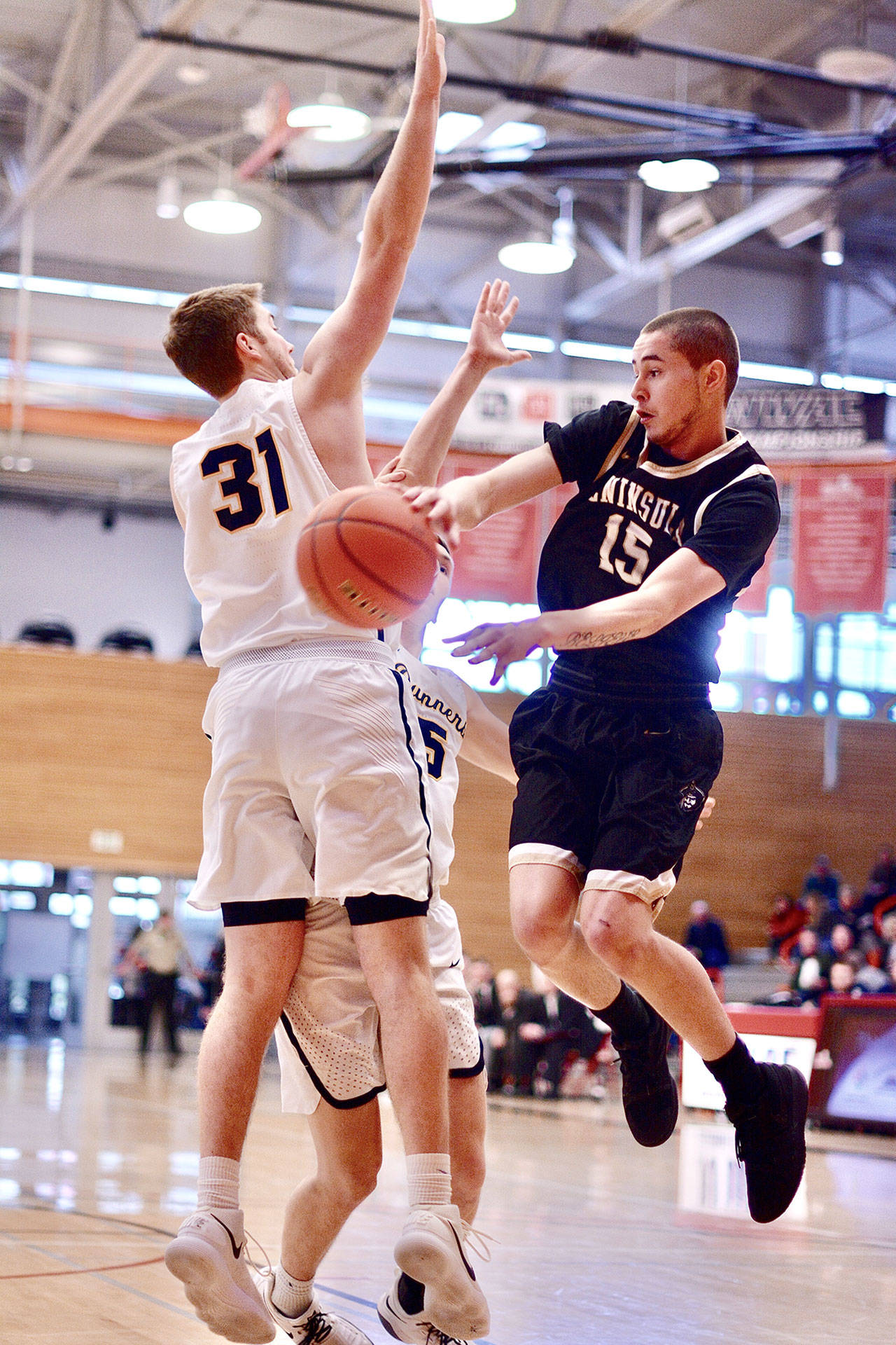 Peninsula’s James Buckley, (15), was a big part of last year’s NWAC Tournament run for the Pirates. He is one of three returning players on this year’s team, which began play Saturday. (Jay Cline)
