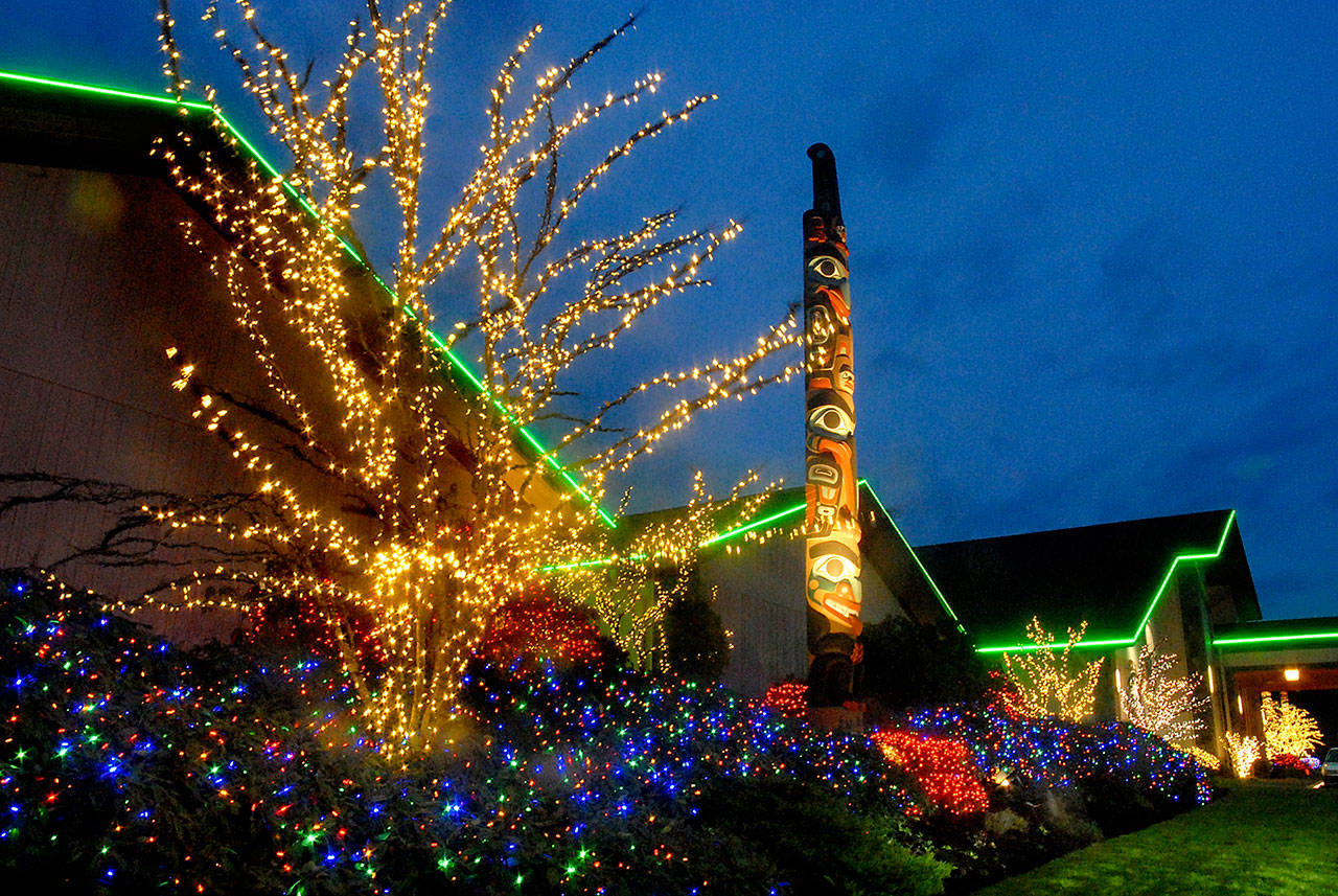 Thousands of miniature lights adorn the trees and shrubs surrounding 7 Cedars Casino in Blyn. (Keith Thorpe/Peninsula Daily News)