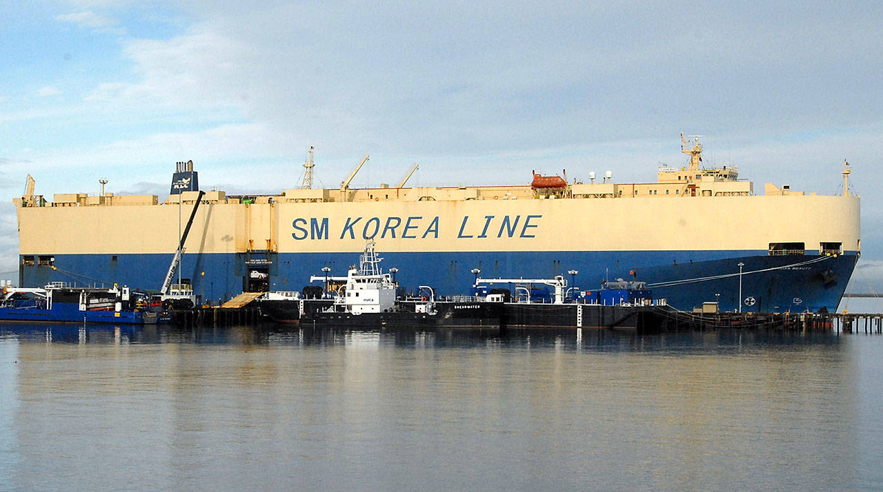 (Keith Thorpe/Peninsula Daily News) The roll-on/roll-off vehicle carrier ship K.Asian Beauty sits moored at the Port of Port Angeles Terminal One pier on Friday.