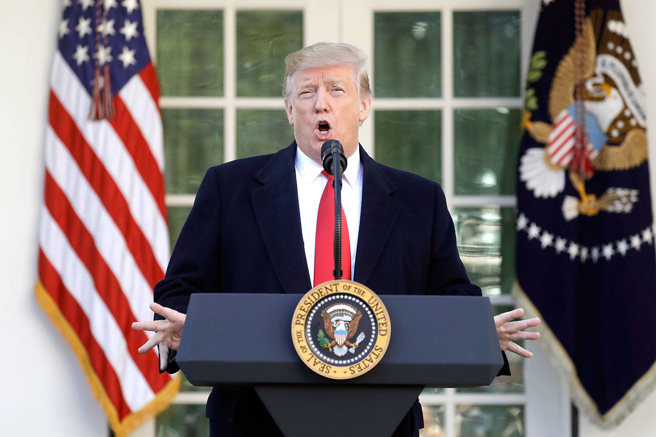 President Donald Trump speaks in the Rose Garden of the White House on Friday. (Evan Vucci/The Associated Press)