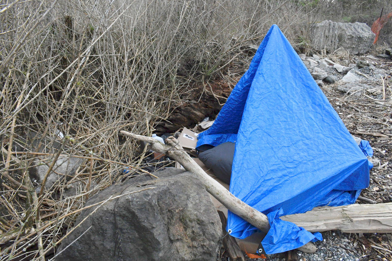 A small encampment on Water Street in Port Townsend provides shelter for someone who lives on the streets. Jefferson County volunteers set out to determine the number of men, women, teens and children who are homeless in the community this past week as part of the annual Point In Time Count. (Jeannie McMacken/Peninsula Daily News)