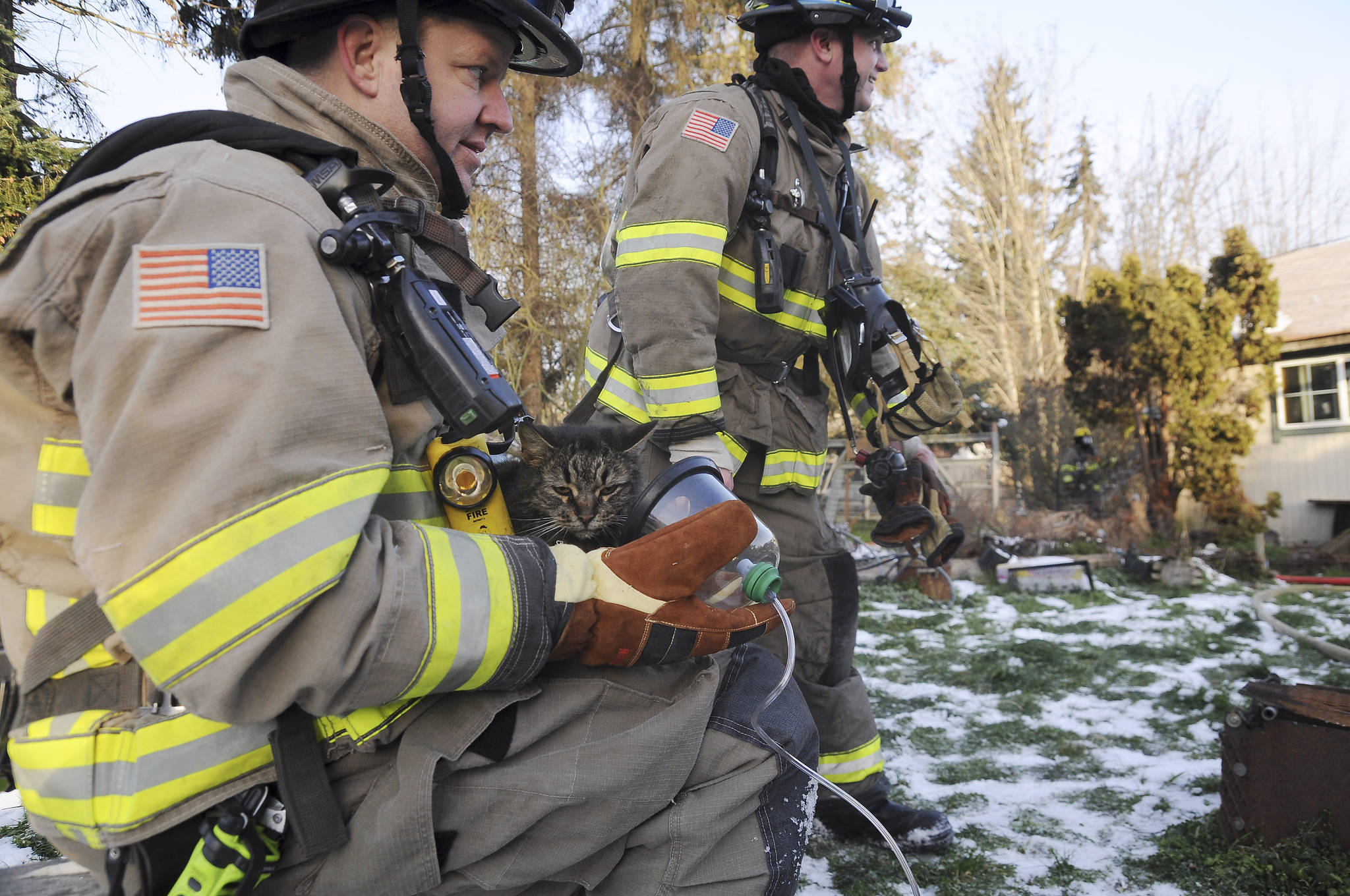 Joel Bower, Clallam County Fire District 3 firefighter/paramedic (at left), tends to Cleopatra, a cat found inside a residence near Carlsborg damaged by an early morning fire Thursday, Feb. 7. (Michael Dashiell/Olympic Peninsula News Group)