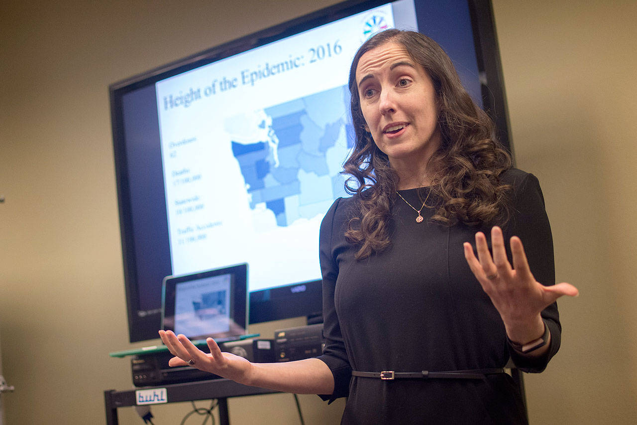Clallam County Health Officer Dr. Allison Berry Unthank discusses Clallam County’s opioid epidemic during a presentation in Port Angeles on Monday night. (Jesse Major/Peninsula Daily News)