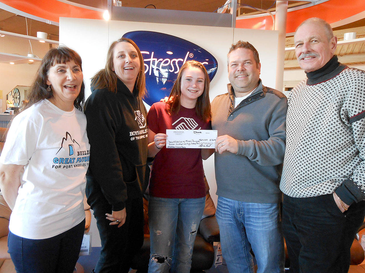 From left are Mary Budke, Boys and Girls Clubs executive director; Janet Gray, Boys and Girls Clubs resource develoment director; Boys and Girls Club Youth of the Year Addie Holland, Angeles Furniture ownerJon Gray and Stressline Chairs sales representative Steve Luke.
