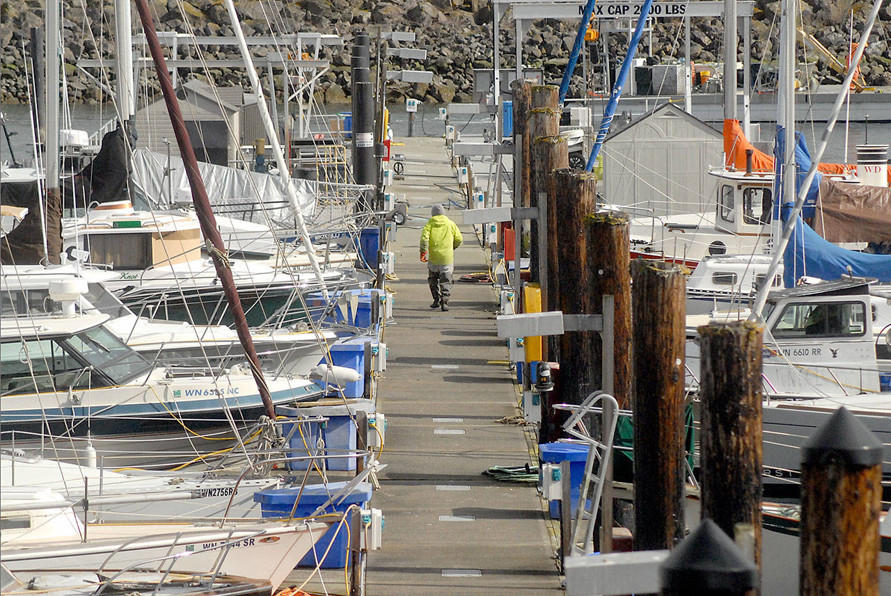 Boats sit moored at their berths Tuesday at John Wayne Marina near Sequim. (Keith Thorpe/Peninsula Daily News)