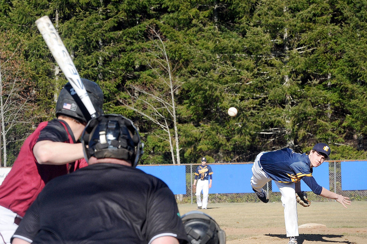 Forks starting pitcher Carter Windle struck out 10 batters in the five innings pitched as Forks defeated Kingston 8 to 7 Monday in Beaver. (Lonnie Archibald/for Peninsula Daily News)