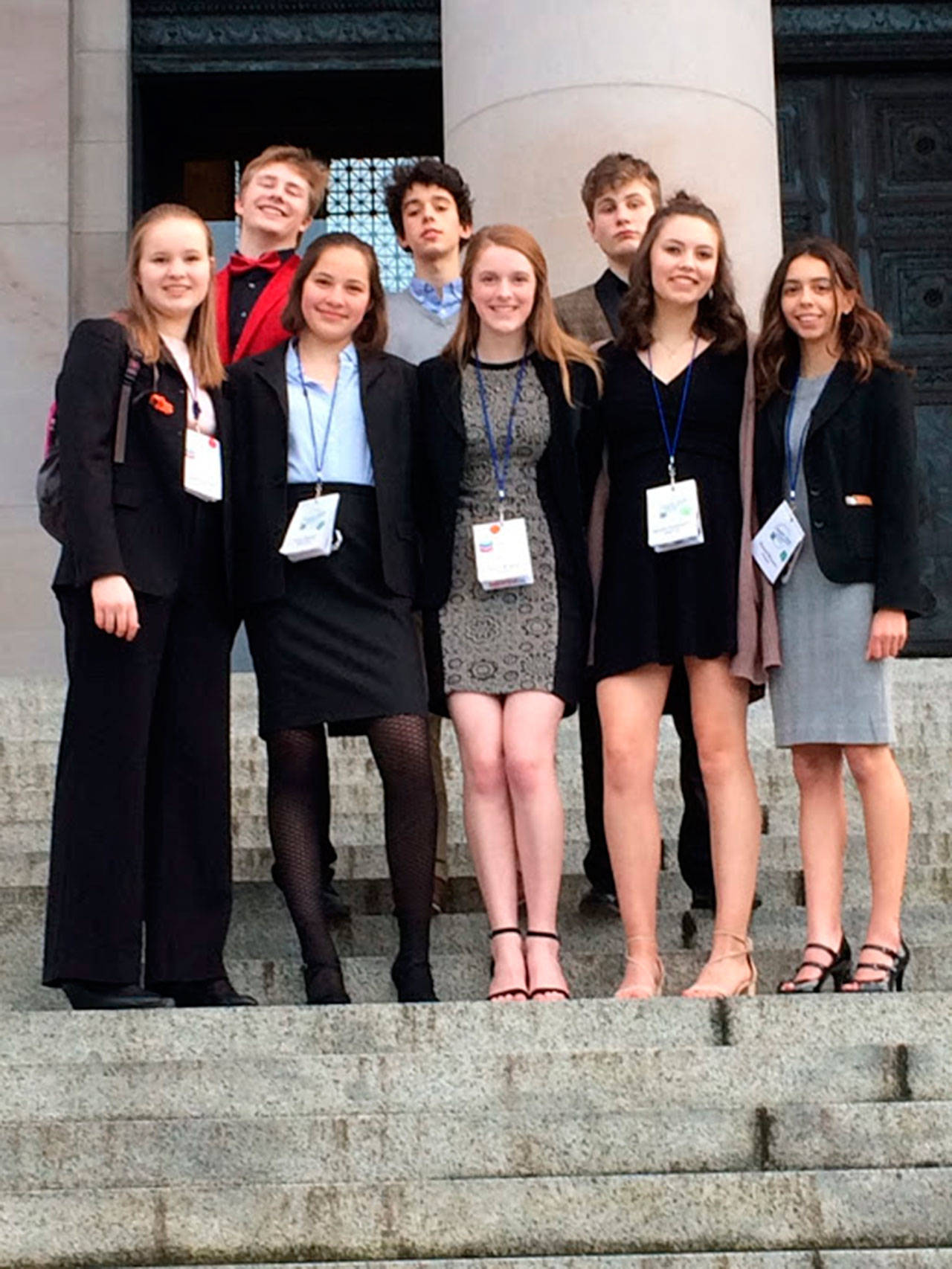 4-H Know Your Government Students on seen on the Capitol steps are, front row, from left: Eugenia Frank, Chimacum Pi Program; Viola Frank, Chimacum Pi Program; Emily Sirguy, Port Angeles High School; Stella Jorgensen, Port Townsend High School; and Kynzie DeLeon, Port Angeles High School. Back row, from left: Wes Blue, Port Townsend High School; River Kisler, Port Townsend High School; and Kyle Caldwell, Chimacum Pi Program. Not shown are Janeydean O’Connor, homeschool and Carley Rogers, Port Townsend High School.