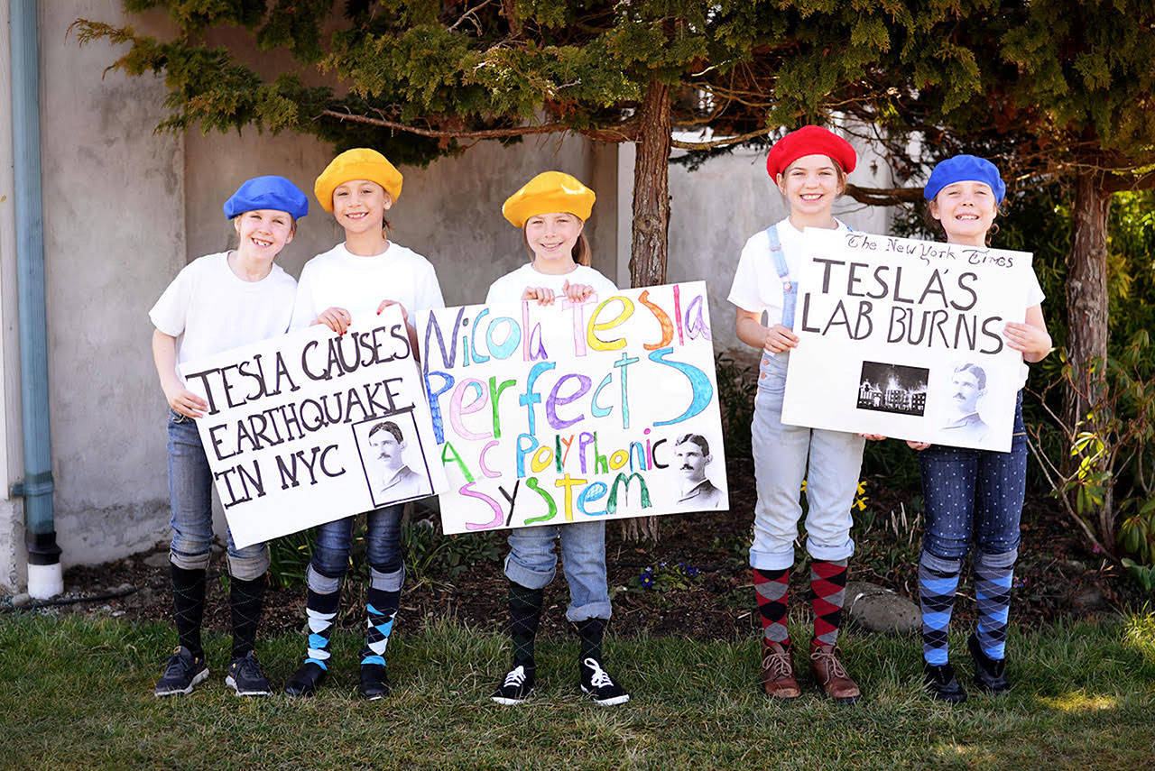 The newsgirls of “The Secret History of Nikola Tesla” are, from left, Olive Barrett, Marea Denton, Aliyah Siemion, Scarlett Sullivan and Ayla Cummins. (Beth Barrett)