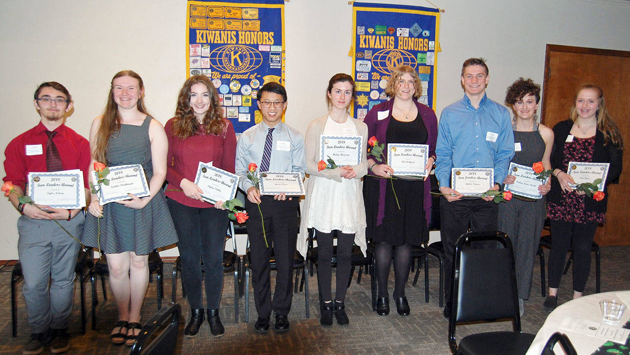 Recipients of the 2018 Kiwanis Teen Leaders Awards, from left, are Tyler Nelson, Sophia Breithaupt, Skylar Stekly, Jason Kunz, Haley Morrison, Ella Ashford, Dylan Tracer, Callay Boire-Shedd and Ava Amos.