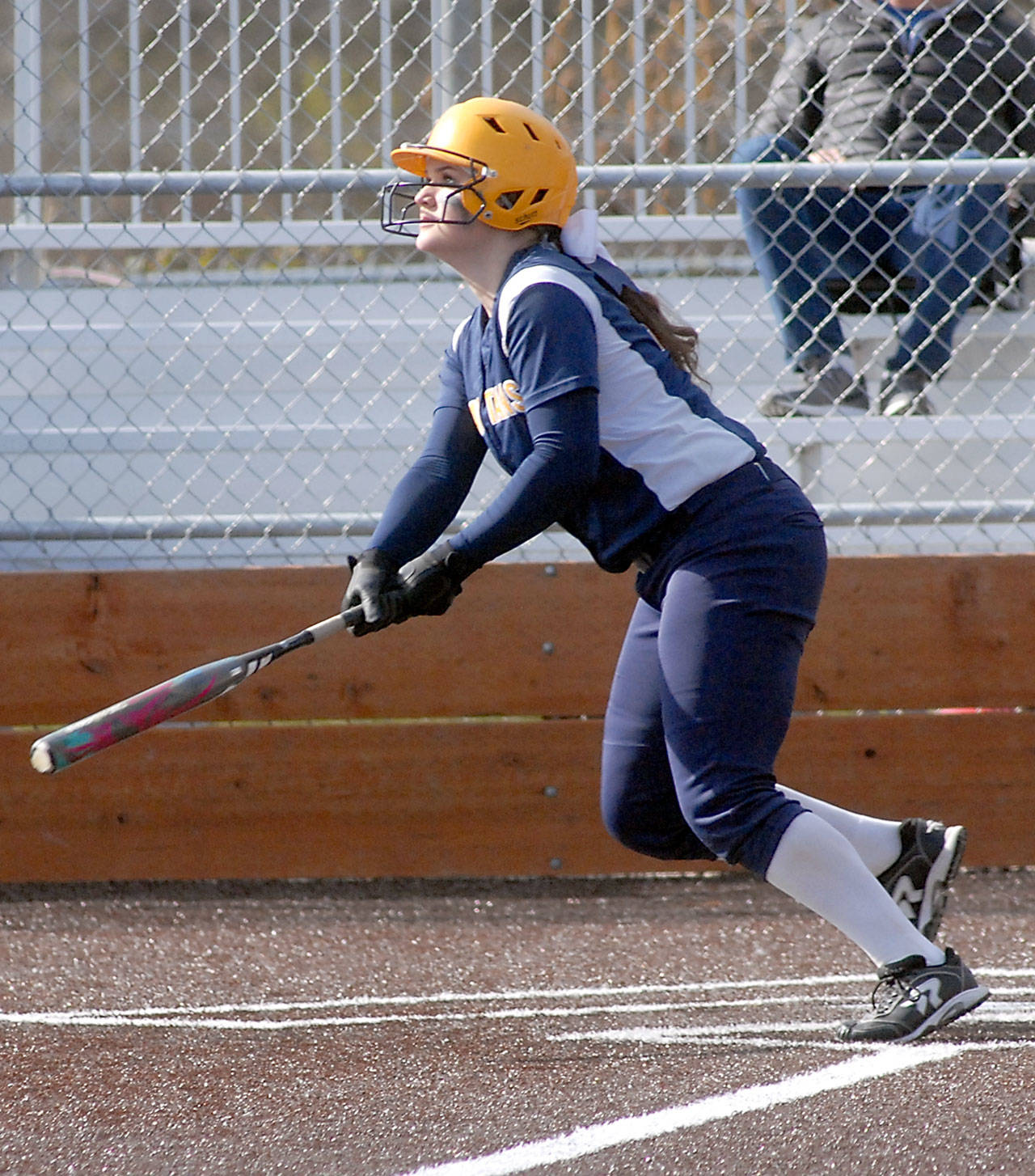 Forks’ Rian Peters watches as the ball sails over the fence for a home run in the second inning on Saturday in a game against Seattle Prep at Billy Whiteshoes Memorial Park in Port Angeles.                                Keith Thorpe/Peninsula Daily News