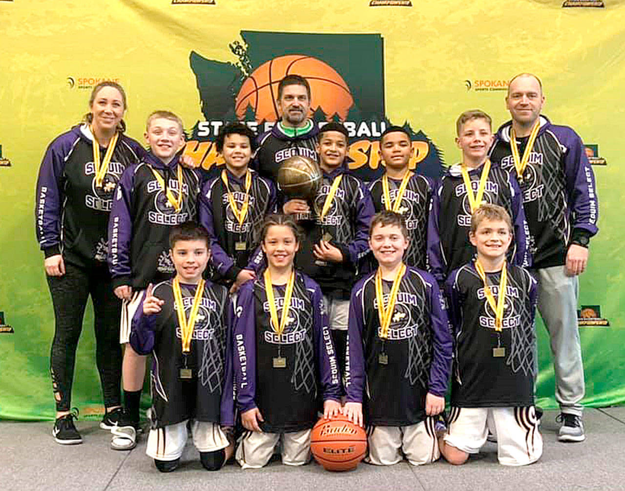 The members of the Sequim 5th-grade select basketball team that won the AAU middle school state championship in its division. From left, front row, are Adrian Aragon, Alijah Brown, Clay Abrams and Zeke Schmadeke. From left, back row, are head coach Nikki Julmist, Devyn Dearinger, Legend Liggins, assistant coach Gary Abrams, Solomon Sheppard, Jericho Julmist, Hunter Tennell and assistant coach Brent Schmadeke. Not in the picture is Lincoln Bear.
