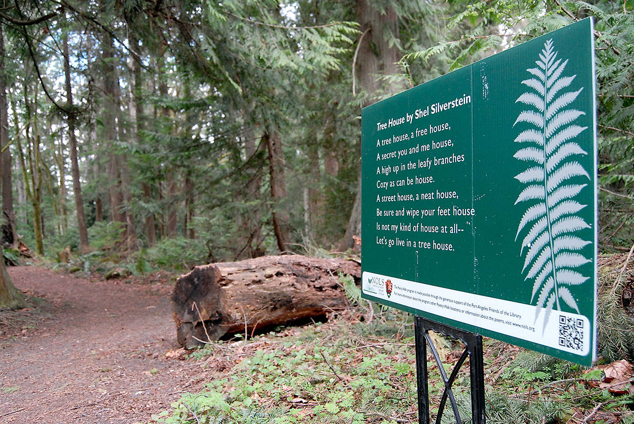 A short poem by Shel Silverstein is posted along The Living Forest trail near the Olympic National Park Visitor Center in Port Angeles as part of the sixth season of Poetry Walks. (Keith Thorpe/Peninsula Daily News)