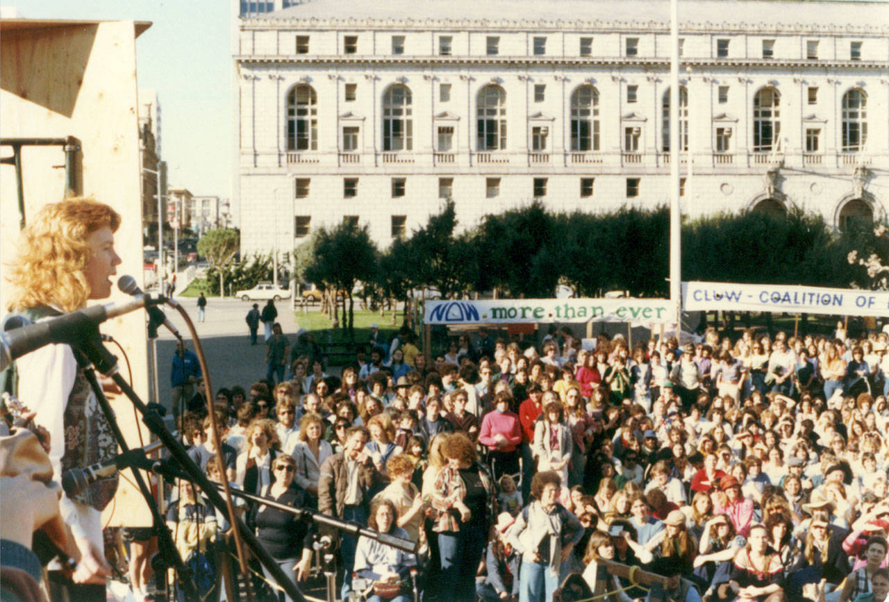 Singer and activist Holly Near, at left, speaks at a rally outside San Francisco City Hall circa 1971. Near’s documentary, “Singing for Our Lives,” screens Saturday during Port Townsend’s Women & Film festival. (Holly Near Archives)