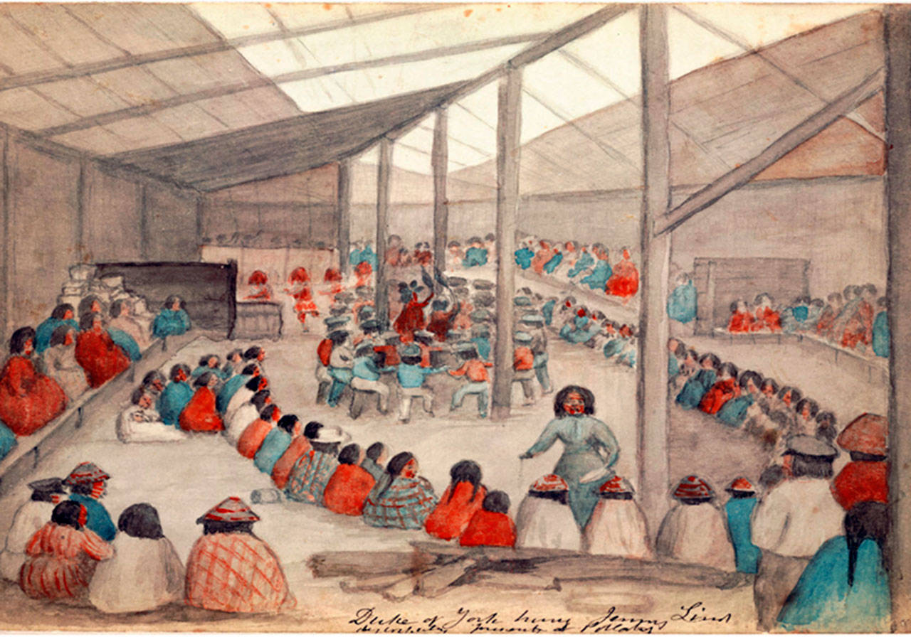 This 1859 watercolor by James G. Swan depicts a S’Klallam potlach at qatáy, which will be covered in a First Friday lecture as part of a 140th anniversary celebration of the Jefferson County Historical Society. (Jefferson County Historical Society)