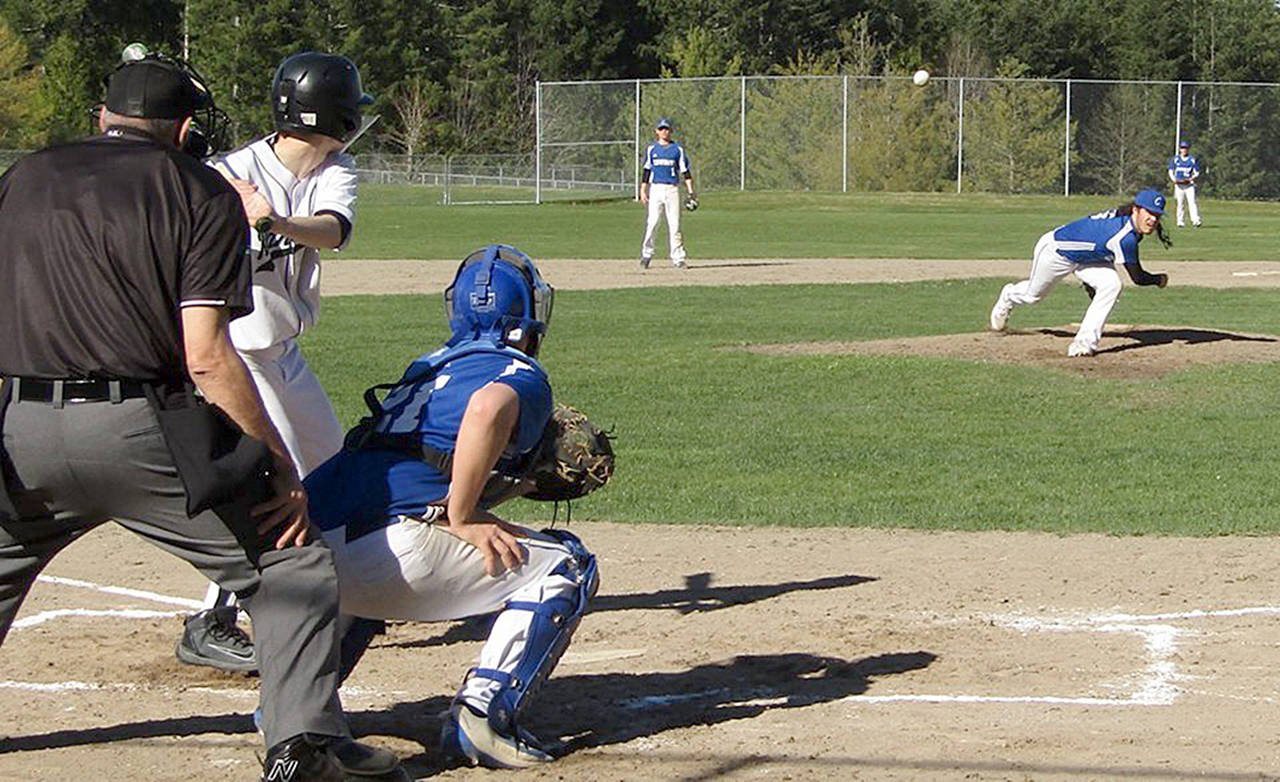 Kelly Brebberman Chimacum pitcher Cole Dotson throws to catcher Jonah Diehl during the Cowboys’ 3-1 win over Klahowya on Wednesday.