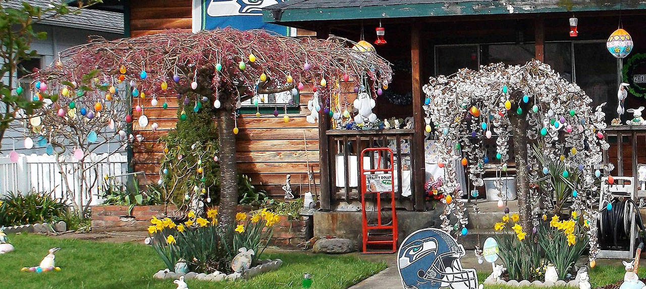 Pat Rodocker’s yard at 215 W. Sixth St. in Port Angeles is decorated seasonally with help from her son, Michael. (Iris Heston)