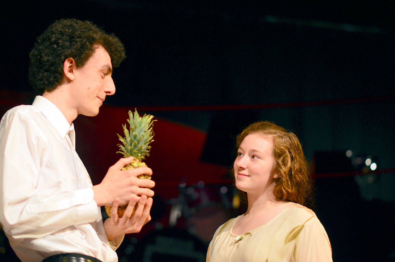 Fraulein Schneider (Nylah Garling) and Herr Schultz (Pierre Ballou) are an unlikely couple in “Cabaret,” opening tonight at Port Townsend High School. (Diane Urbani de la Paz/for Peninsula Daily News)