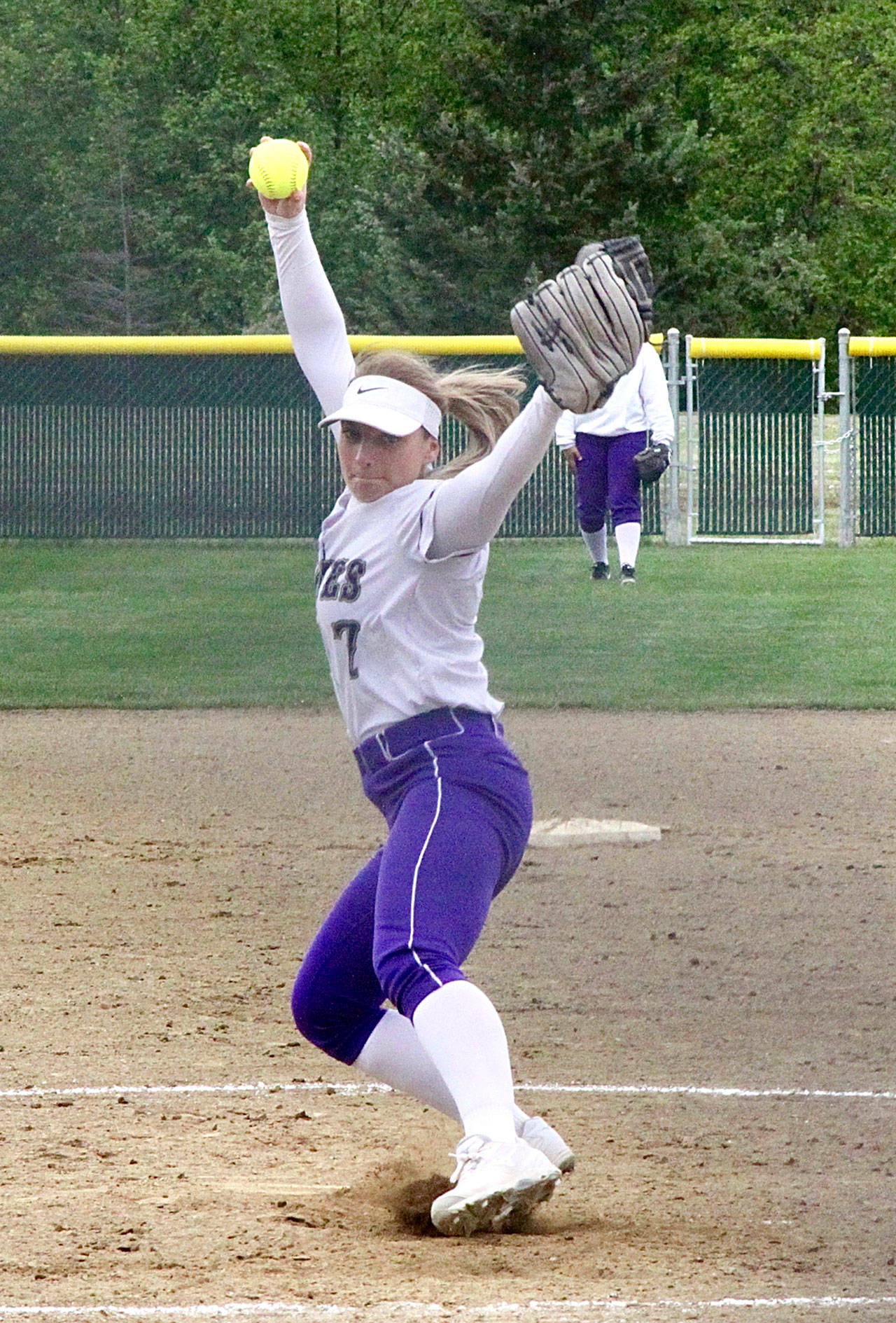 Isabelle Dennis, the Sequim pitcher throws to the plate against Port Angeles on Thursday. (Dave Logan/for Peninsula Daily News)