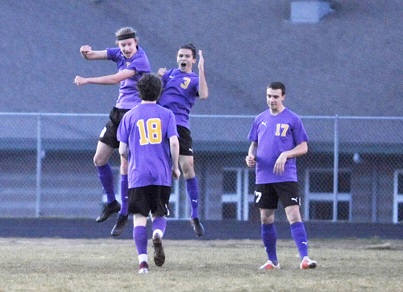 <strong>Michael Dashiell</strong>/Olympic Peninsula News Group It’s been a season to remember for the Sequim boys soccer team. Mike McAleer, top left, and Ryan Tolberd celebrate scoring an early-season goal while teammates Reid Parker and Rodrigo Silva-Carrasco look on.