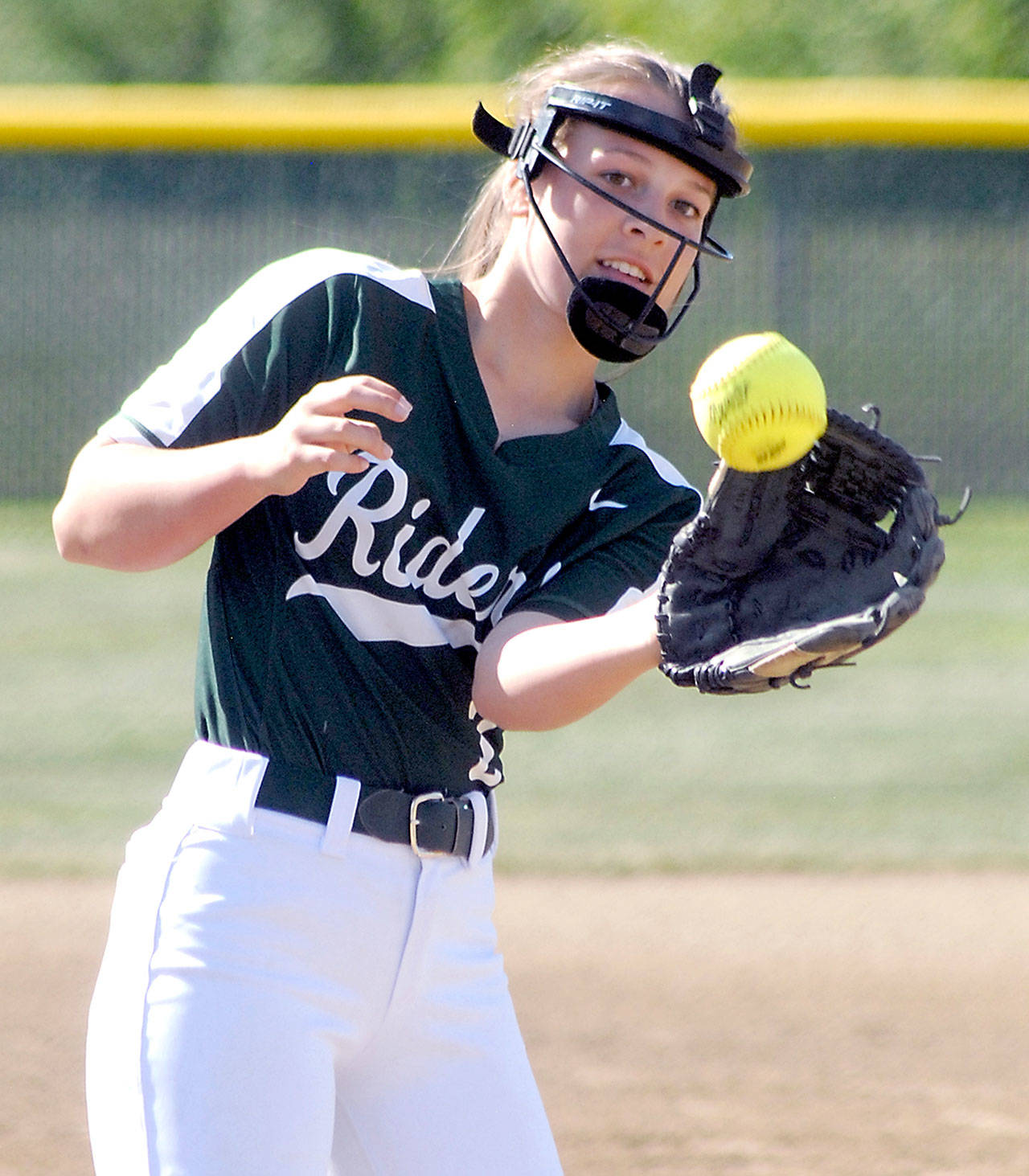 Keith Thorpe/Peninsula Daily News Port Angeles pitcher Hope O’Conner catches the toss from catcher Zoe Smithson in the first inning on Thursday at the Dry Creek athletic fields in Port Angeles.