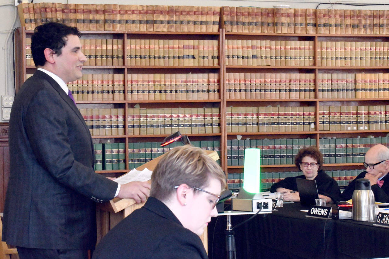 At the state Supreme Court case review held Tuesday in Port Townsend, Jacob Metzger argued his position representing the Service Employees International Union Local 95 v. the University of Washington, Freedom Foundation, represented by Sydney Phillips. The case focused on whether faculty emails about unionizing are considered public records. Metzger is a graduate of Port Townsend High School. (Jeannie McMacken/Peninsula Daily News)