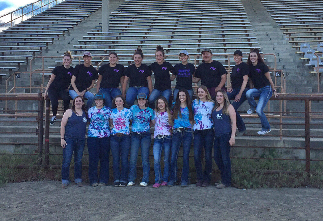 Representing Washington State High School Equestrian teams from Port Angeles and Sequim at the state finals, held last weekend in Moses Lake, are in the front row, from left, Port Angeles coach Liv Dietzman, Natalie Blankenship, Cassi Moore, Zoe Thompson, Madison Carlson, Emma Albright, Abby Hjelmeseth and assistant coach Shannon Robbins; and back row, from left, Sequim assistant coach Haylie Newton, coach Bettina Hoesel, Abby Garcia, Abbi Priest, Yana Hoesel, Grace Niemeyer, Lilly Thomas, coach Katie Salmon-Newton and assistant coach Sydney Balkan. (Katie Newton)