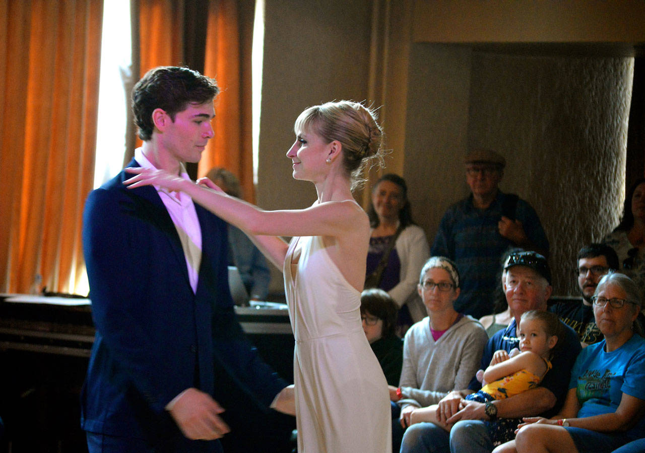 Tymin Keown and Andrea Robyn Bayne of Ballet Victoria mesmerize their audience at the Elks Naval Lodge ballroom in Port Angeles during the Juan de Fuca Festival on Sunday. (Diane Urbani de la Paz/for Peninsula Daily News)