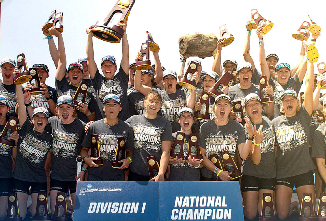 The University of Washington women’s rowing team celebrates winning their second national championship in three years. Sequim’s Elise Beuke is a member of the team’s varsity second eight boat.