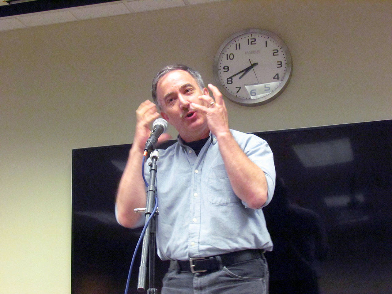 Ken Dubuc of Port Angeles, seen here in full flight during last year’s Liars Contest, shall return to compete in the 2019 event at the Port Angeles Library this Saturday. (Ingrid Nixon/Story People of Clallam County)