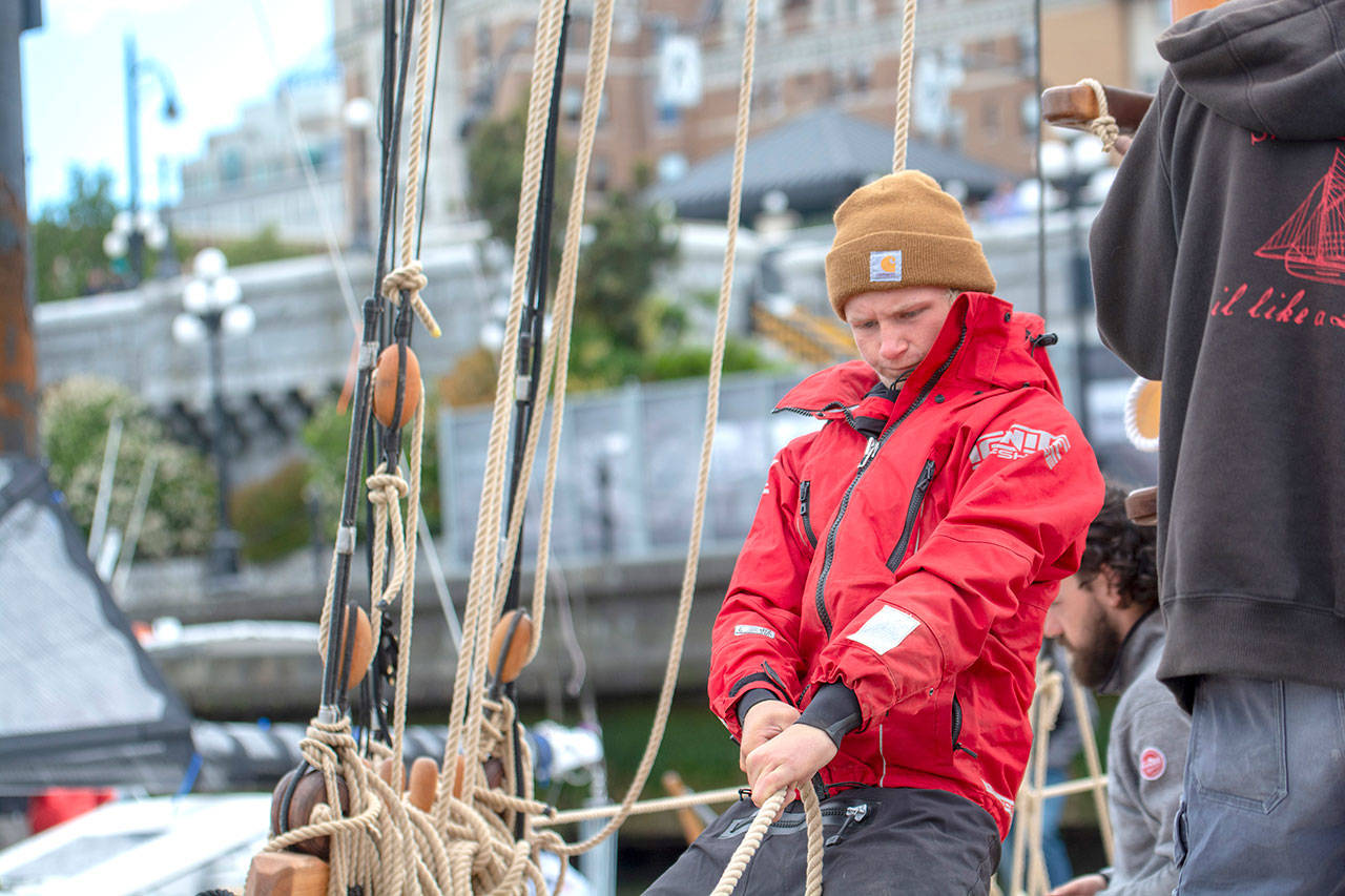 Port Townsend High School sophomore Odin Smith prepares for the second leg of the Race to Alaska on Thursday. (Jesse Major/Peninsula Daily News)