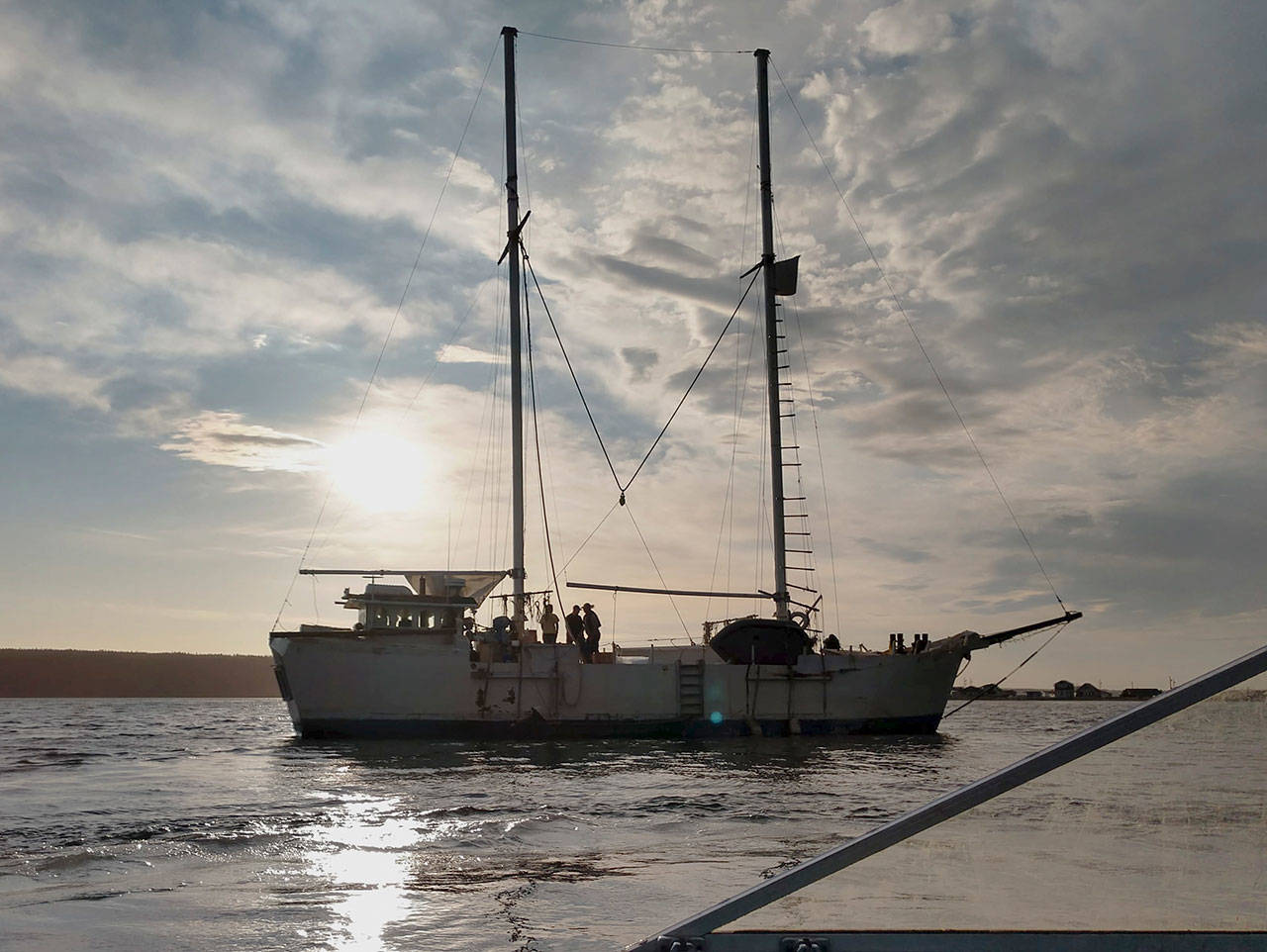The Ninaa Ootakii is seen on the water in north Discovery Bay last week as crew members worked to pull their 10 anchors. (Austin Goff)