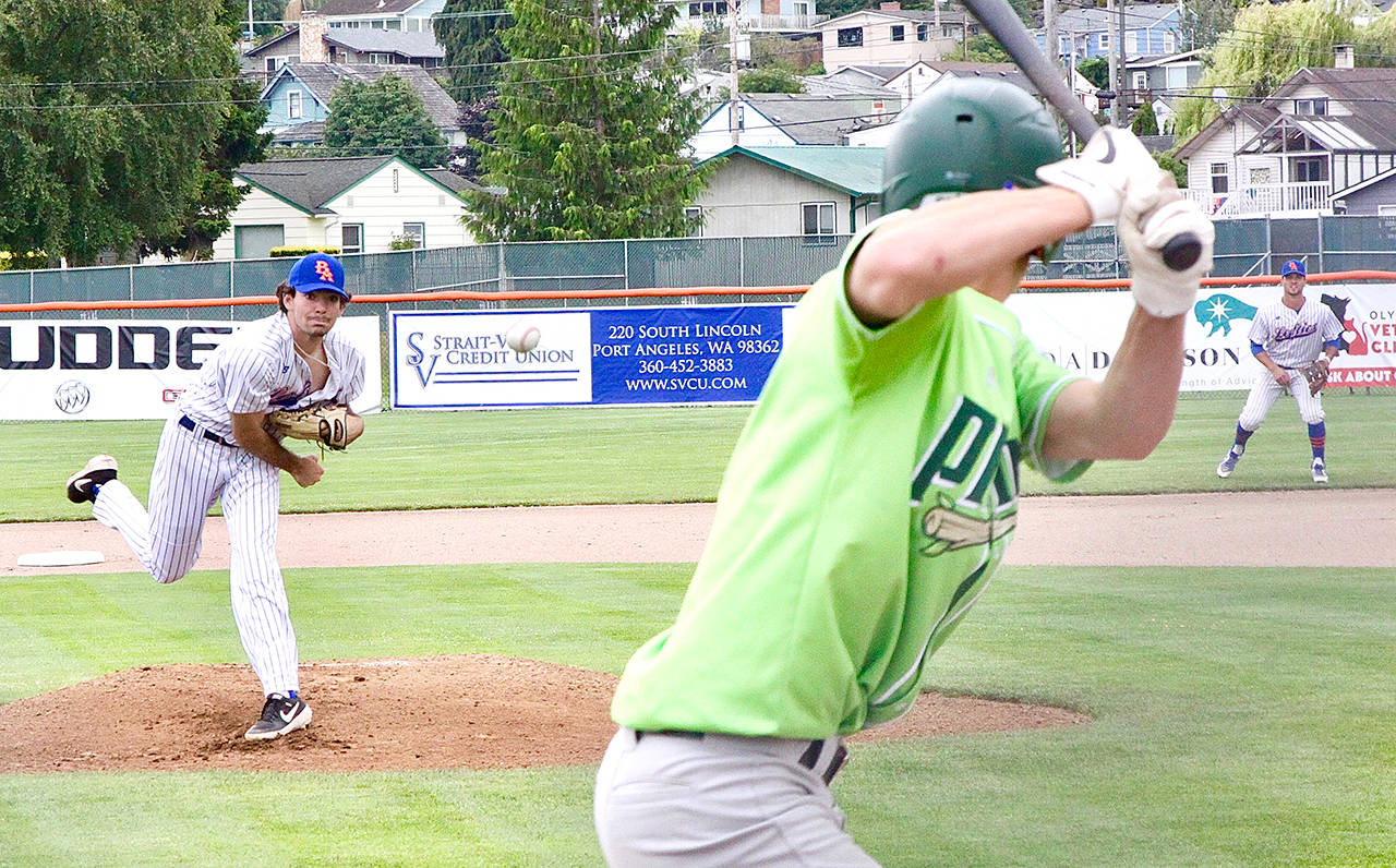 Dave Logan/for Peninsula Daily News Port Angeles’ Frankie Scalzo tossed a complete-game, three-hitter, striking out six and walking none in the first game of the Lefties’ doubleheader sweep of the Yakima Valley Pippins on Wednesday.
