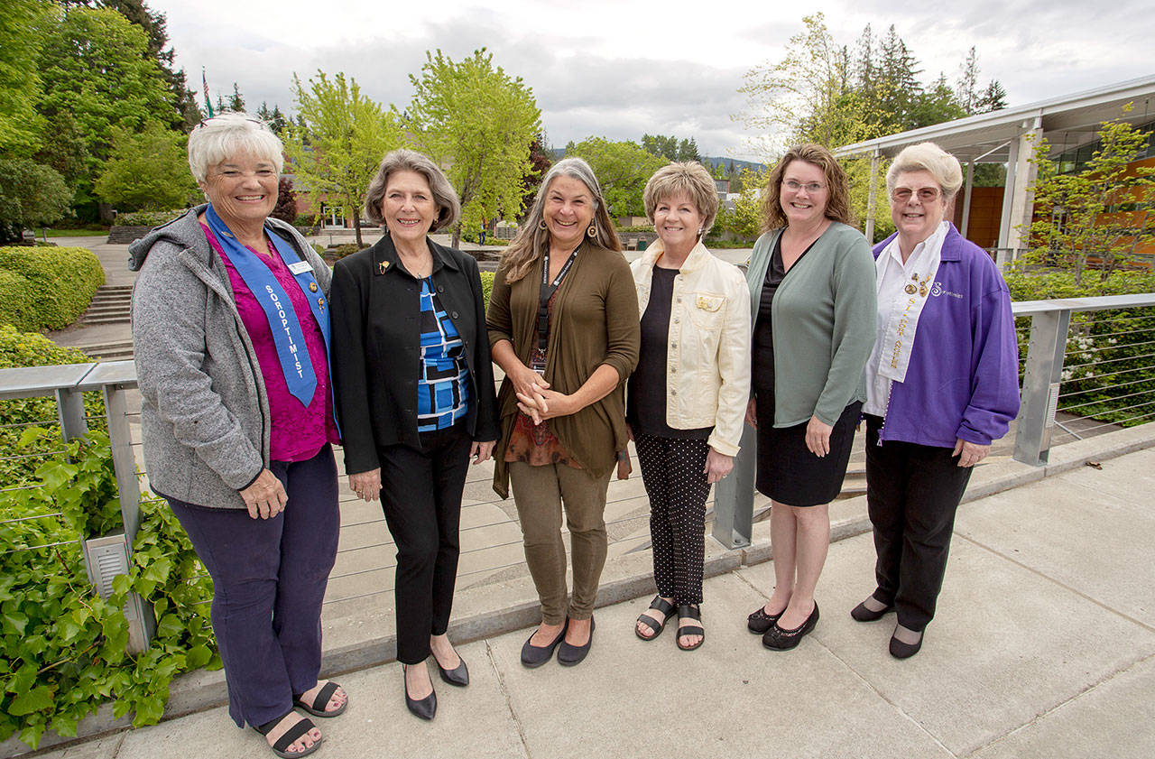 Pictured, from left, are Soroptimist members Sally Pearson and Pili Meyer; Getta Rogers Workman, executive director of the Peninsula College Foundation; and Soroptimist members Wendy Shea, Lena Washke and Jeri Bawden.
