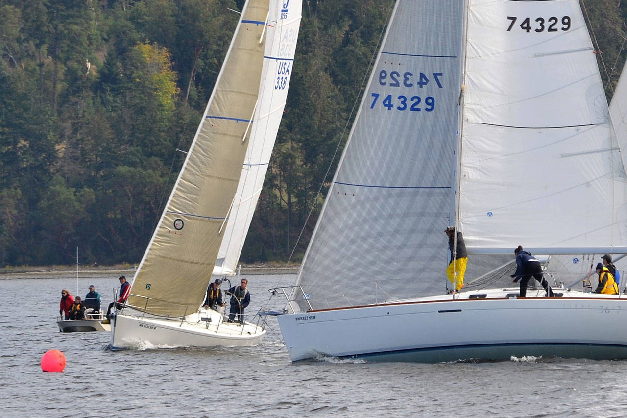 Last year Reach and Row for Hospice featured nine sailboats along with 21 rowers throughout Waterfront Day at John Wayne Marina and Sequim Bay. (Matthew Nash/Olympic Peninsula News Group)
