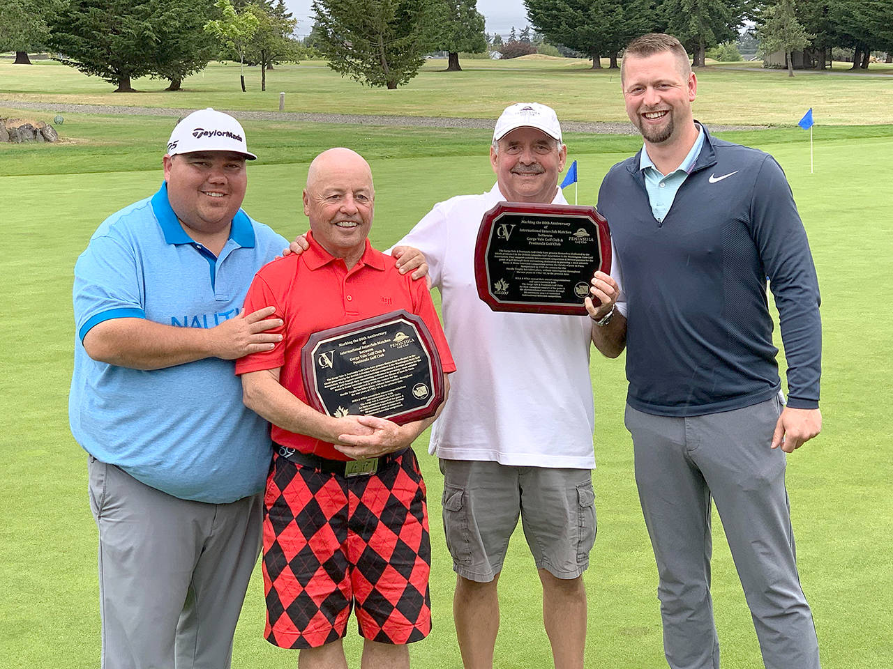 Peninsula Golf Club Members of Port Angeles’ Peninsula Golf Club and Victoria’s Gorge Vale Golf Club recently met for the 80th annual Hurdle Cup interclub competition. From left to right, Gorge Vale Golf Club assistant golf professional Aaron ‘Fuji’ Grice, Gorge Vale member Andrew Thompson, Peninsula member Jeff Colvin and Peninsula head pro Chad Wagner.