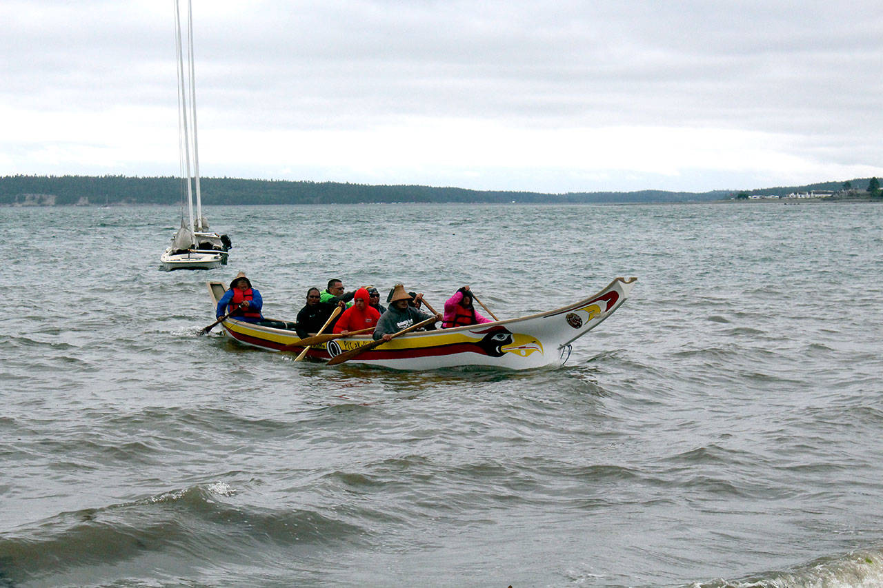 The Quileute canoe Well Being paddles to shore in Port Townsend among strong winds and drizzling rain. (Zach Jablonski/Peninsula Daily News) The Quileute canoe “Well Being” paddles to shore in Port Townsend amid strong winds and drizzling rain. (Zach Jablonski/Peninsula Daily News)