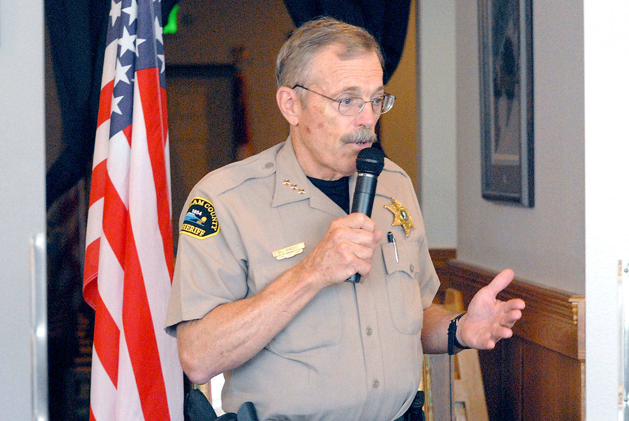 Clallam County Sheriff Bill Benedict speaks during a luncheon meeting with the Kiwanis Club of Port Angeles. (Keith Thorpe/Peninsula Daily News)