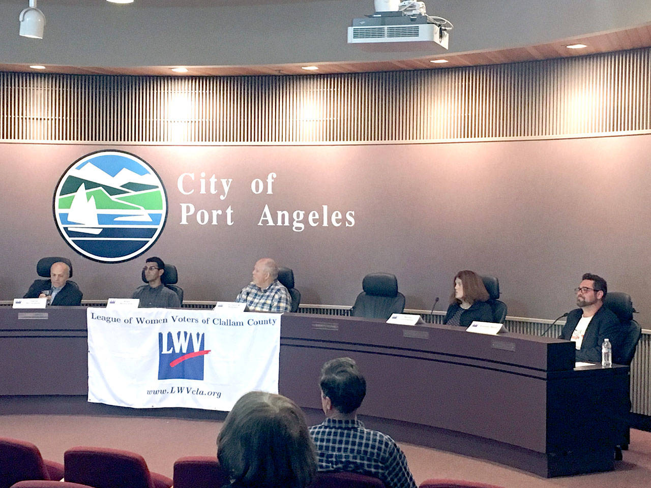 Port Angeles City Council candidates Charlie McCaughan ,left, Artur Wojnowski, Richard “Doc” Robinson, Martha Cunningham and Brendan Meyer were featured in a League of Women Voters of Clallam County forum at City Hall. (Rob Ollikainen/Peninsula Daily News)
