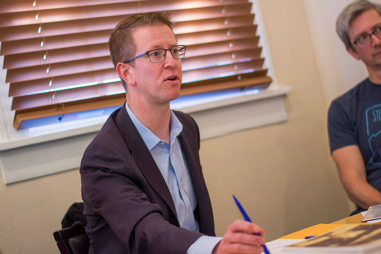 U.S. Rep. Derek Kilmer, shown in this file shot meeting with members of the Hurricane Ridge Winter Sports Club during the federal government shutdown this past winter, said he will wait to announce his thoughts on impeaching President Donald Trump until after Special Council Robert Mueller III testifies today. (Jesse Major/Peninsula Daily News)