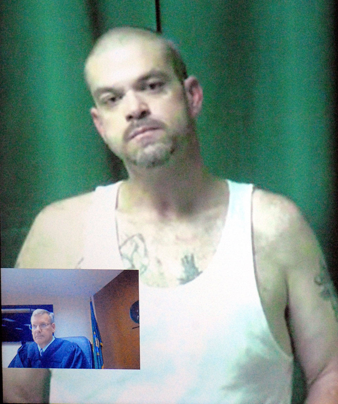 Arthur Coulon Jr., appears by video link before Clallam County Superior Court Judge Brent Basden, shown in inset, on Tuesday in Port Angeles. (Keith Thorpe/Peninsula Daily News)