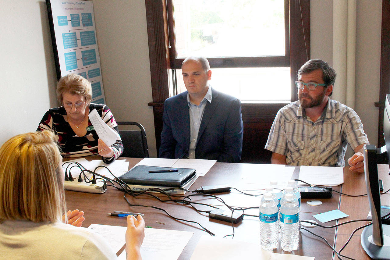 The Jefferson County Auditor’s Election Coordinator Quinn Grewell explains the process of a vote recount to the three Canvassing Board members at the certification meeting Tuesday afternoon. The board is made up of county Auditor Rose Ann Carroll, left, Deputy County Prosecuting Attorney Austin Watkins and county Legislation Authority Greg Brotherton. (Zach Jablonski/Peninsula Daily News