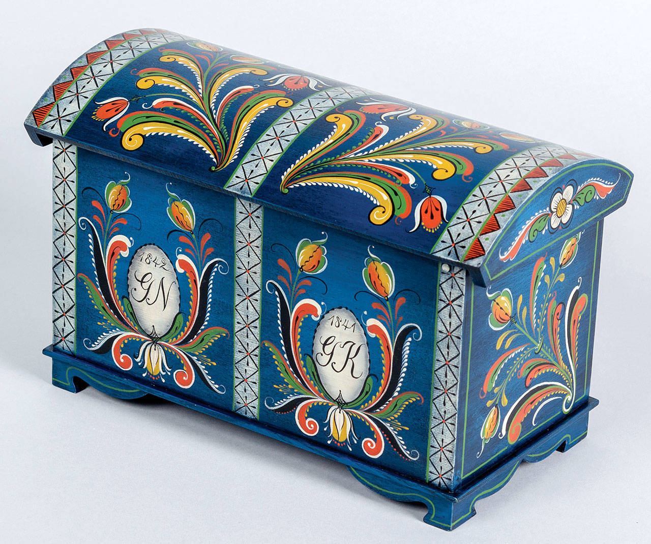 Susanna Baker of Port Ludlow won an honorable mention at the National Norwegian-American Folk Art Exhibition for this dome-topped chest painted in the Vest Agder style of rosemaling.