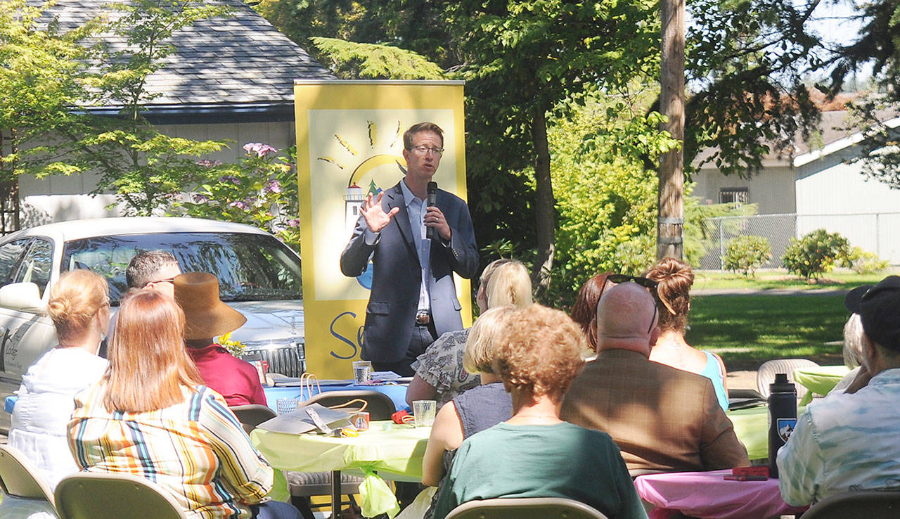 U.S. Rep. Derek Kilmer speaks at a Sequim-Dungeness Valley Chamber of Commerce meeting Tuesday. (Michael Dashiell/Olympic Peninsula News Group)
