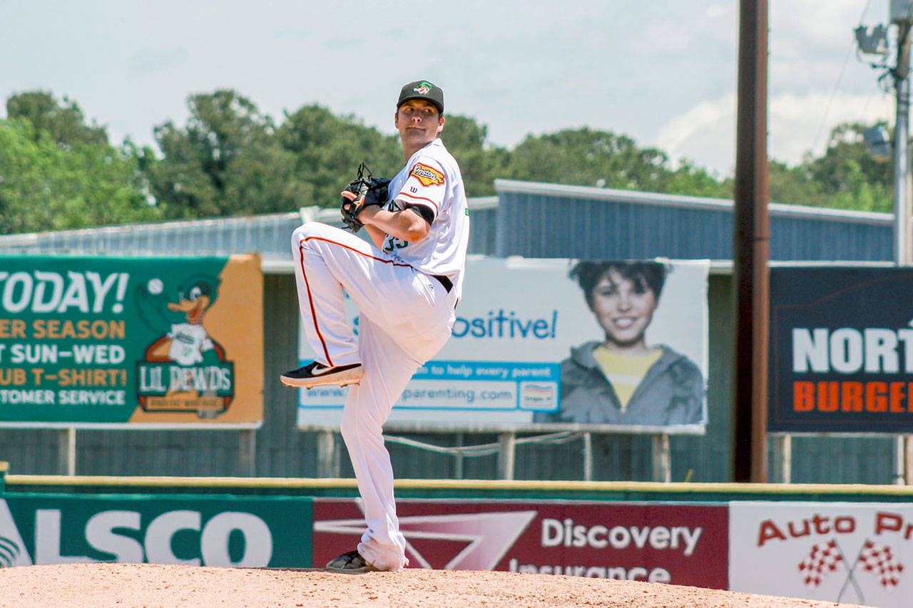 Courtesy Down East Wood Ducks Port Angeles product Cole Uvila pitches for the Down East Wood Ducks during a game earlier this season. Uvila was one of seven Texas Rangers prospects picked to pitch in the Arizona Fall League.