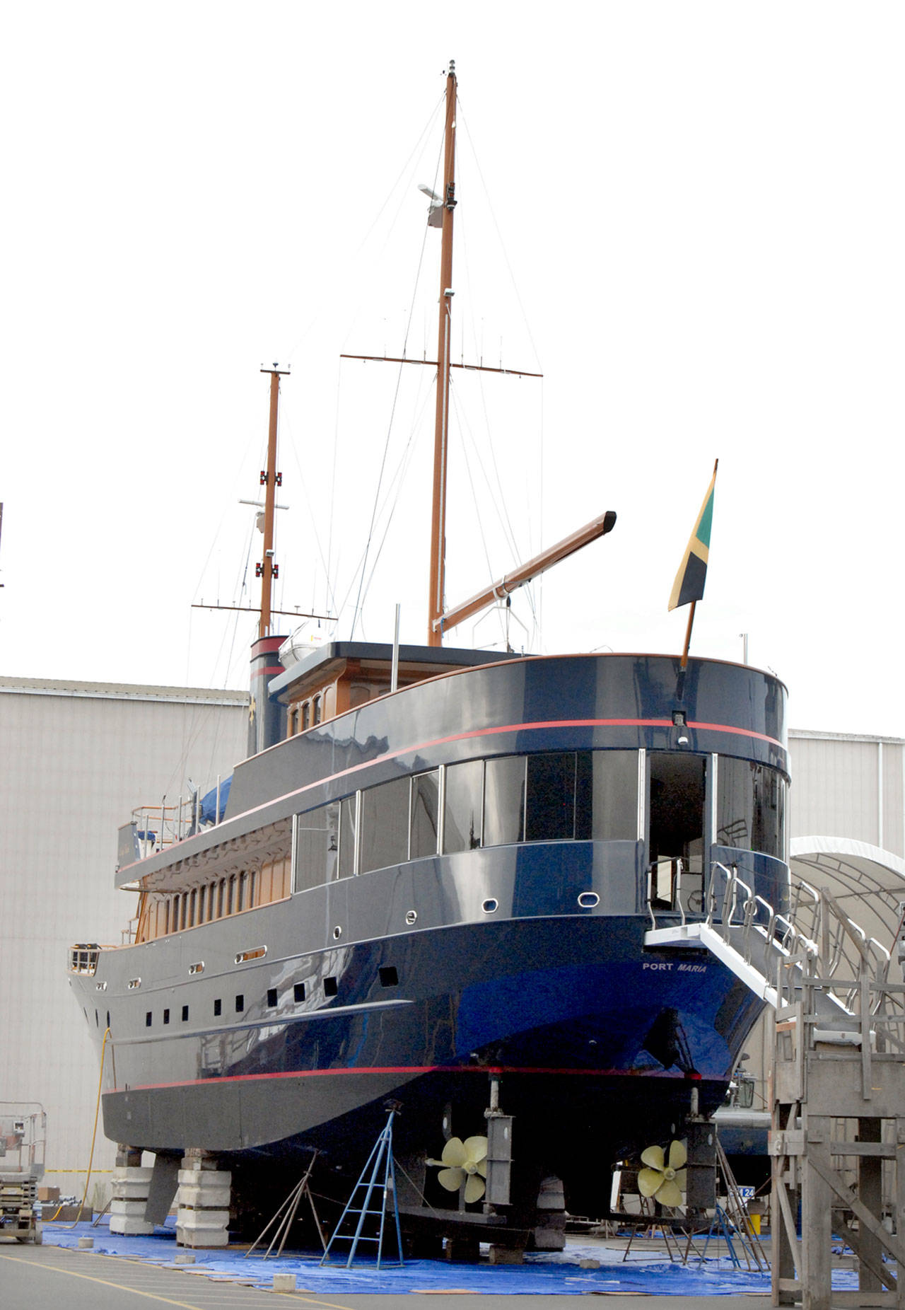 The Port Maria, Jamaica-flagged yacht Lady Bahi sits at the Platypus Marine boat yard in Port Angeles. (Keith Thorpe/Peninsula Daily News)
