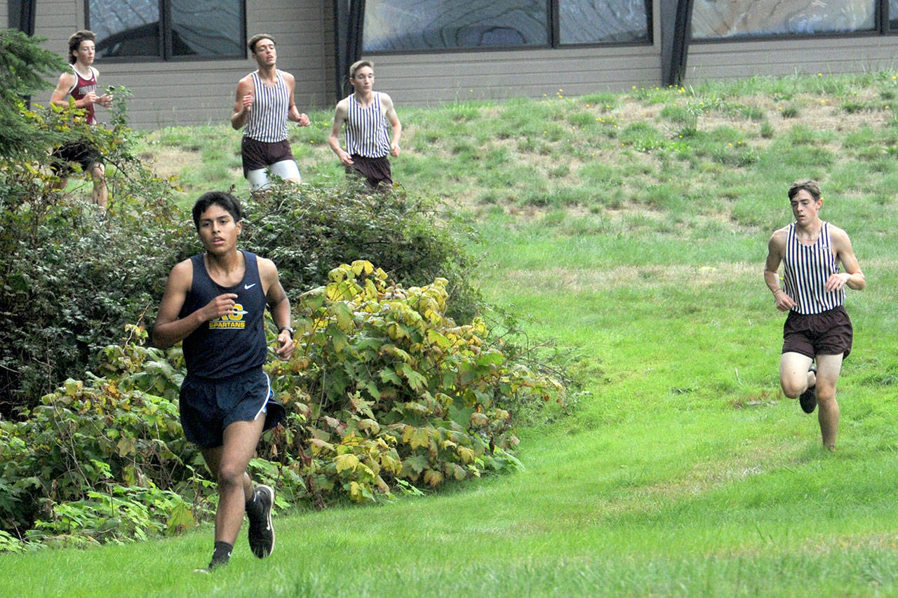 In the only cross country meet schedule for Forks this season Spartan Wesley Gonzalez-Camacho leads over Montesano and Hoquiam runners in this hilly route at the ONRC grounds Thursday afternoon in Forks. Camacho placed first in this Evergreen 1A league while Madelyn Archibald took first for the women. Photo by Lonnie Archibald.