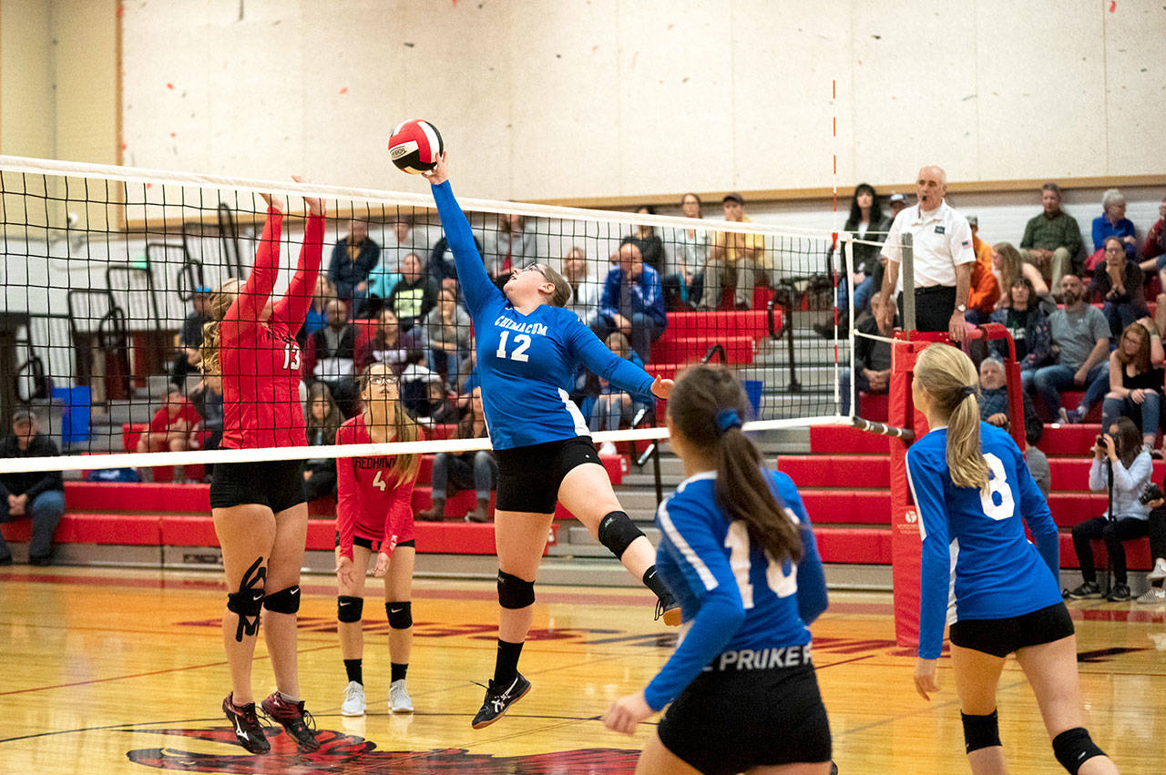 Chimacum’s Grace Crone-Wenzloff is set to drop the ball over the net as Port Townsend’s Tori Minnihan is poised to block during action in Port Townsend on Tuesday. Watching the play is Lady Redhawk Lexi Sharp, #4. and Chimacum’s Akira Anderson, 10, and Sophie Patterson. (Steve Mullensky/for Peninsula Daily News)