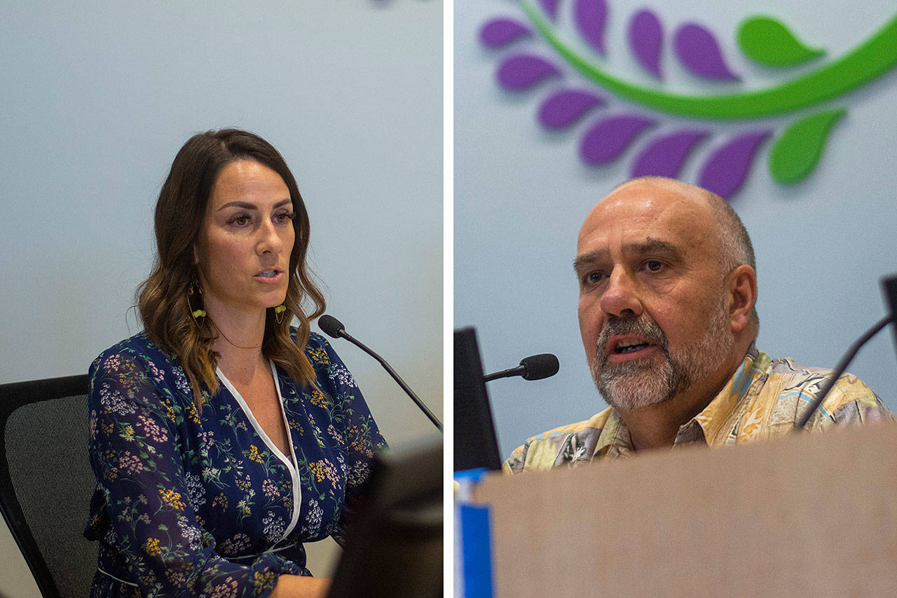 Candidates for the District 3 position on the Sequim School District Board of Directors, Beth Smithson and incumbent Jim Stoffer, speak during a League of Women Voters forum. (Jesse Major/Peninsula Daily News)