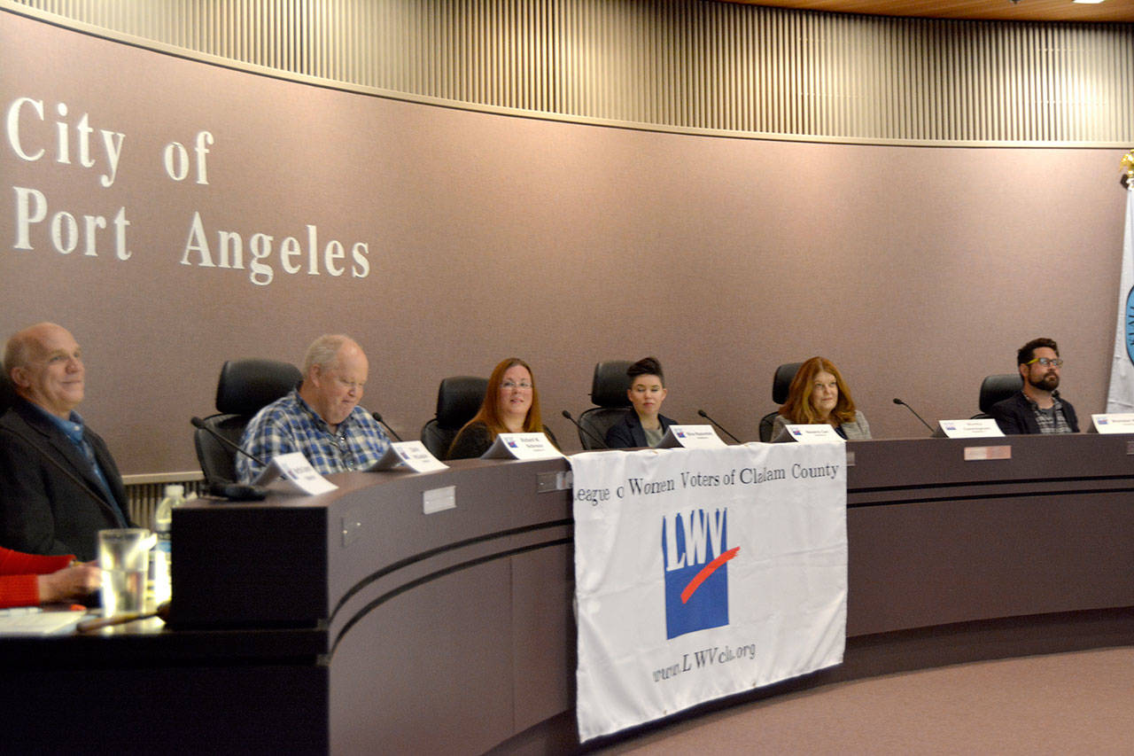 Port Angeles City Council candidates, from left, Charlie McCaughan, Richard “Doc” Robinson, Nina Napiontek, Navarra Carr, Martha Cunningham and Brendan Meyer answered questions at an hourlong forum Tuesday night. (Paul Gottlieb/Peninsula Daily News)